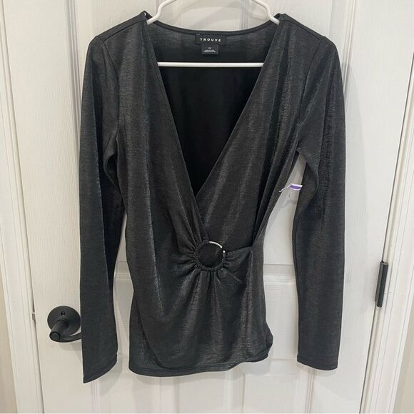Trouve Metallic Black Faux Wrap Women’s Top Size XS - Picture 2 of 6